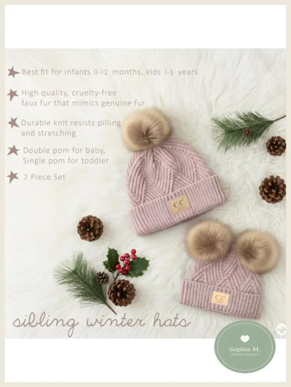 Matching Infant Toddler Pom Beanie Set Winter Knit Hats for Baby Girls Siblings